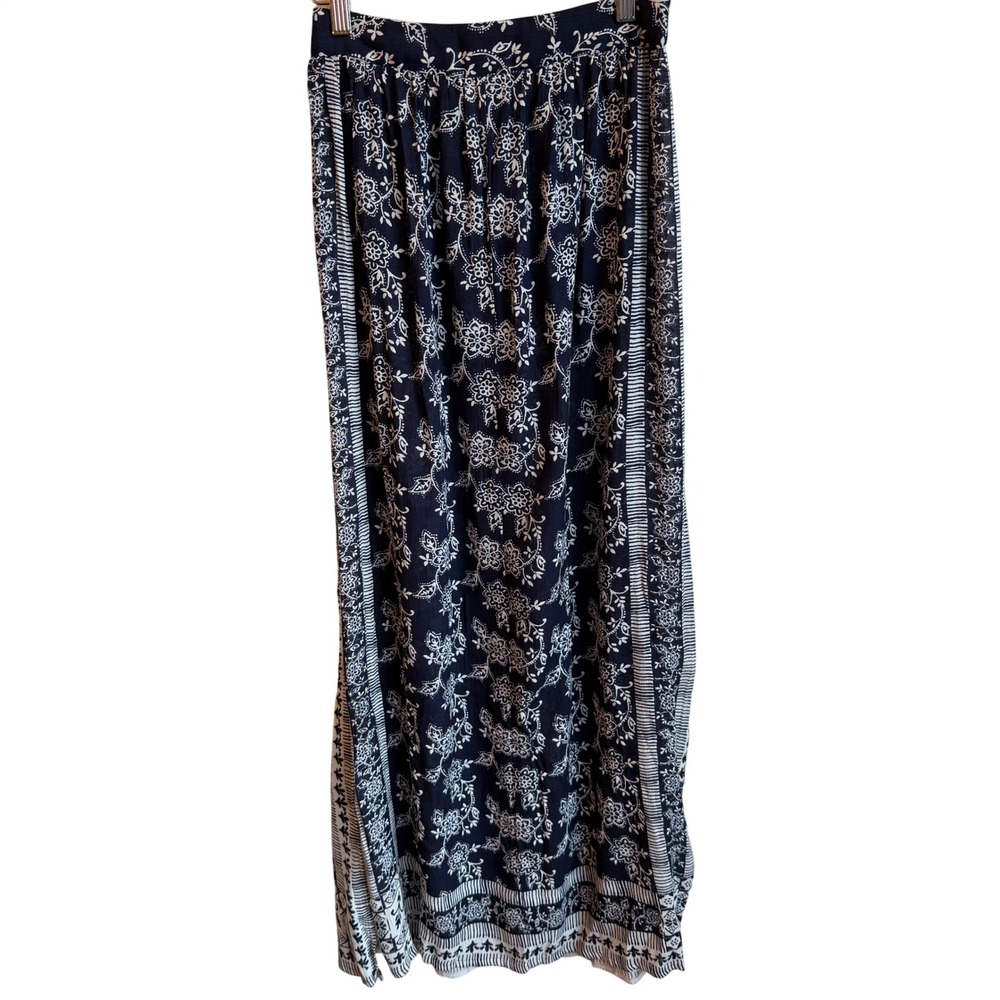 Raga Boho Maxi Skirt Size XS Navy Blue Floral Double Slit Elastic Waist